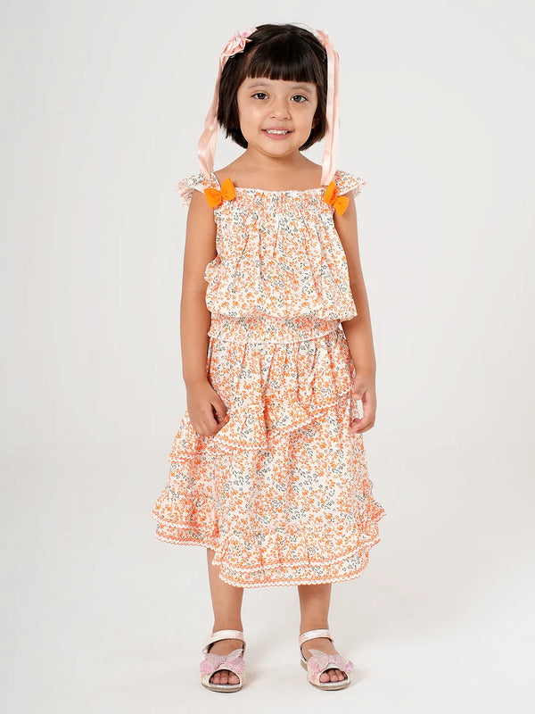 Orange Floral Printed Baby Girl Skirt-Top Set