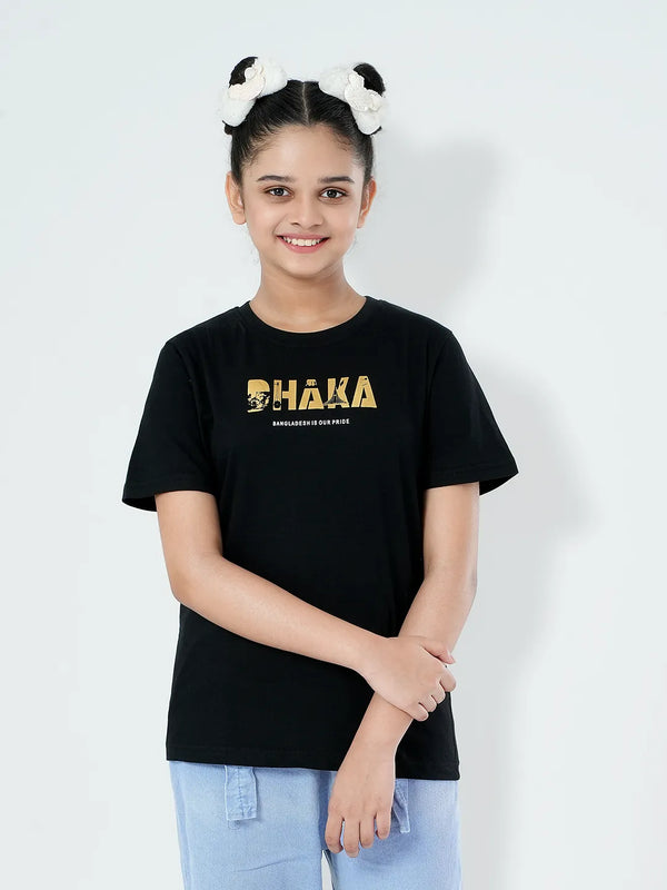 Dhaka Printed Girls T-shirt in Black