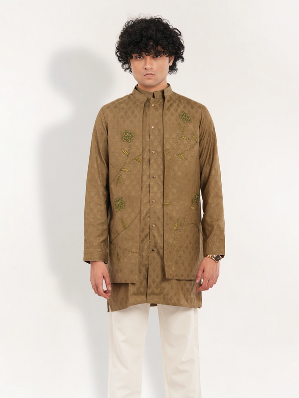 Hand Embroidered Achkan Set In Premium Cotton Silk Fabric Panjabi - KLOTHEN