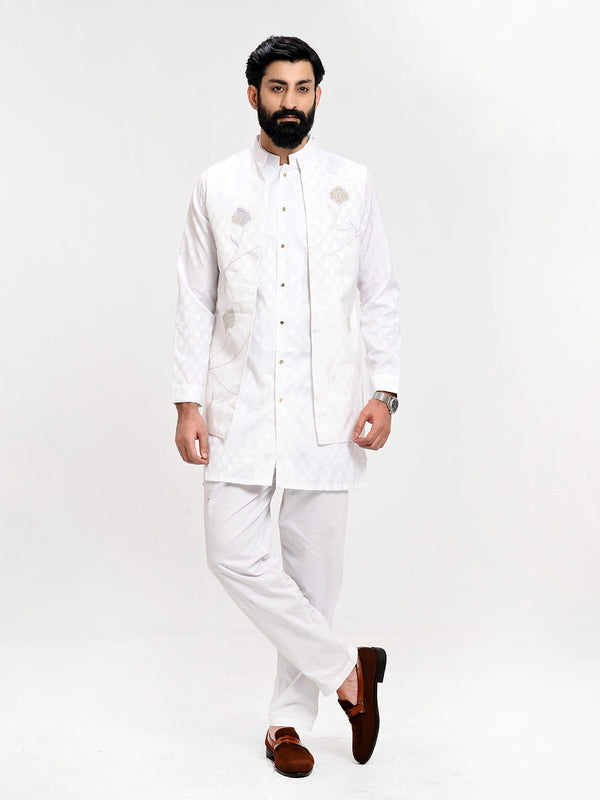 Hand Embroidered Achkan Set In Premium Cotton Silk Fabric Panjabi - KLOTHEN