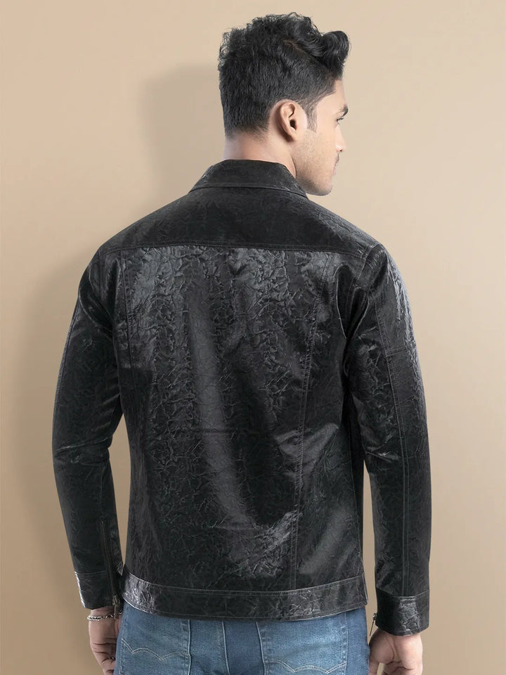 Men's Biker in Black Brushes Self Texture Leather Jacket - KLOTHEN