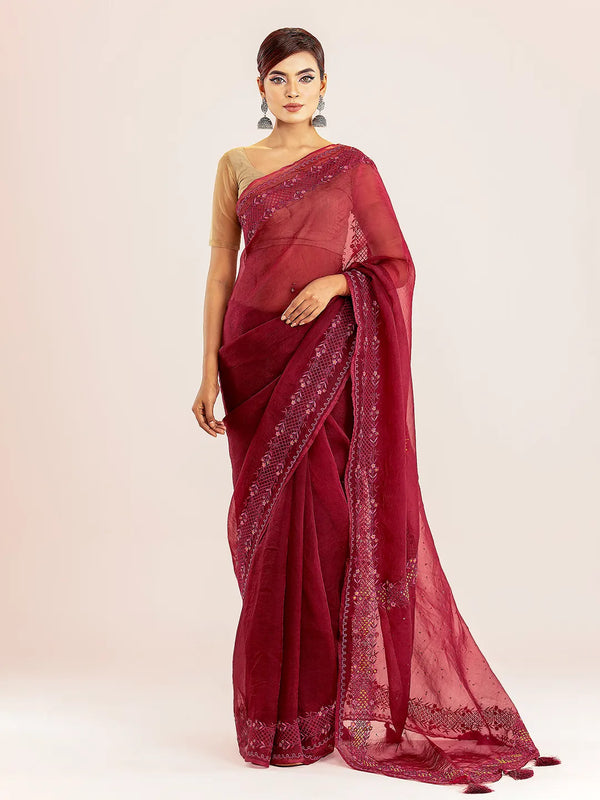 Maroon Muslin Saree | Saree | KLOTHEN