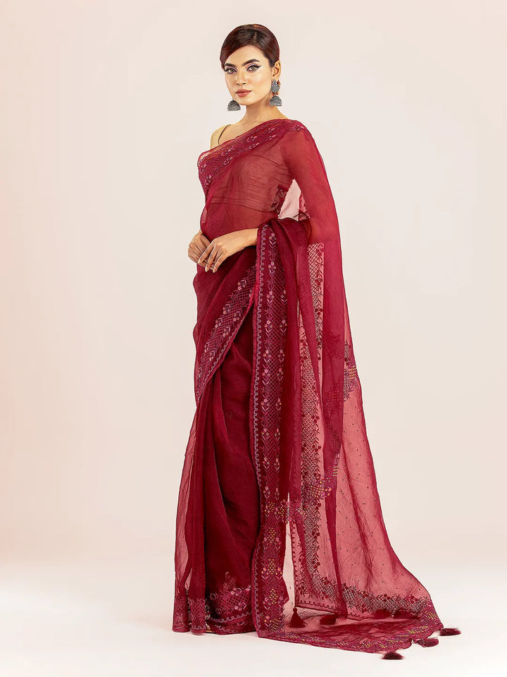 Maroon Muslin Saree | Saree | KLOTHEN