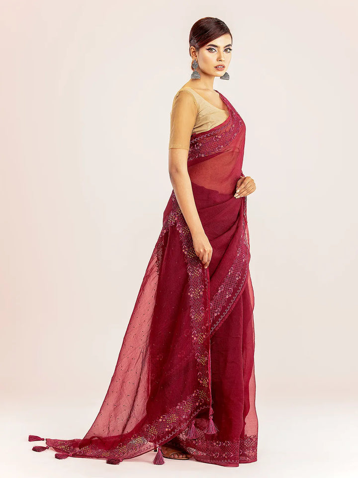 Maroon Muslin Saree | Saree | KLOTHEN