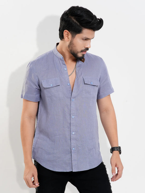 Men's Band Collar Casual Short Sleeve Shirt