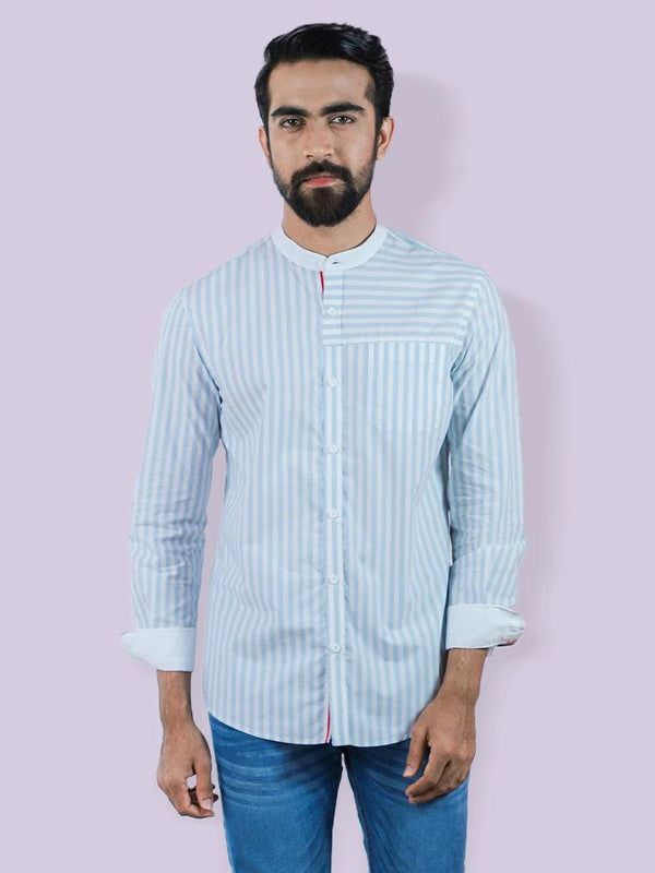 Men's Band Collar Casual Shirt in Stripe