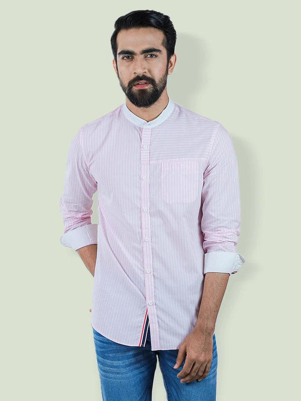 Men's Band Collar Casual Shirt in Stripe