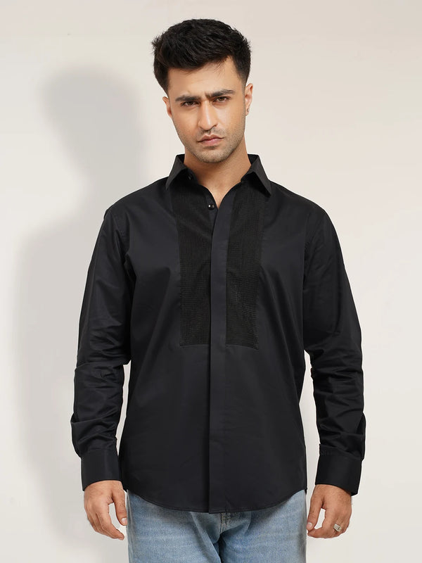 Men's Black casual Shirt with Textured Panel