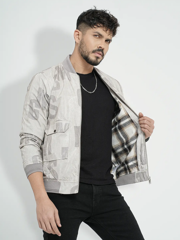 Men's Casual Bomber Jacket in Typography Print