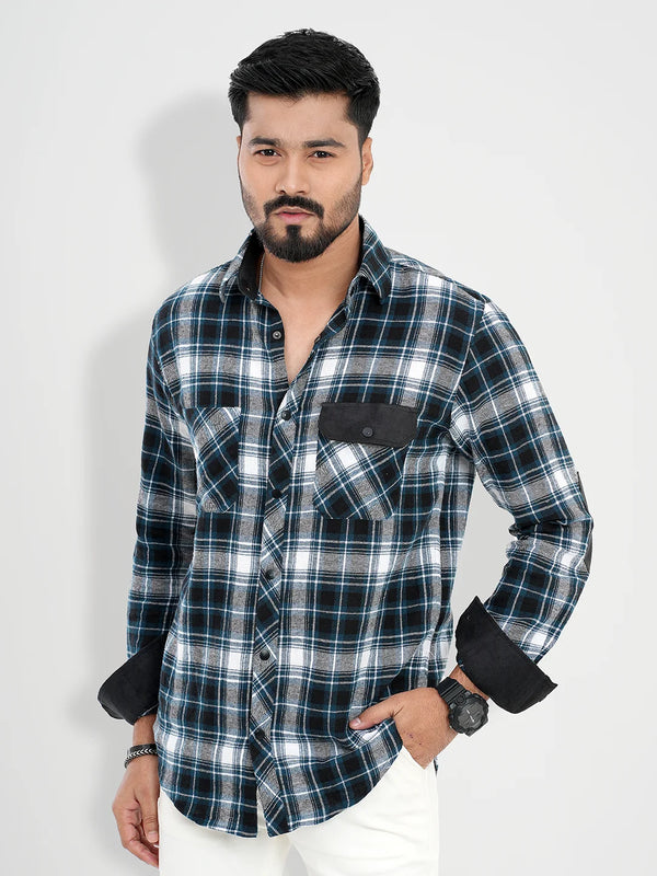 Men's Casual Full Sleeve Flannel Shirt in Decorative Leather Design