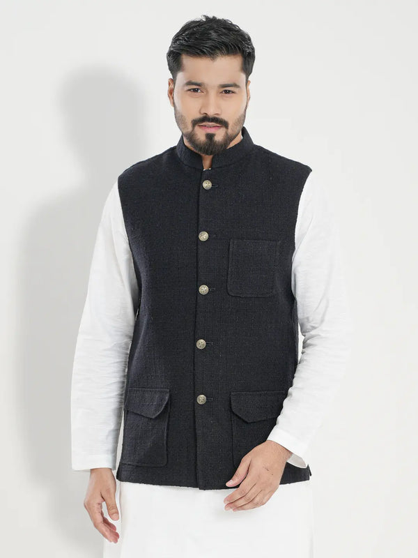 Men's Classical Fabric Texture Cotton Vest in Jet Black