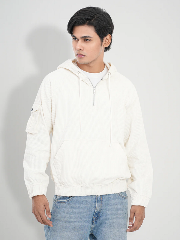 Men's Corduroy Casual Hoodie Jacket Cream White