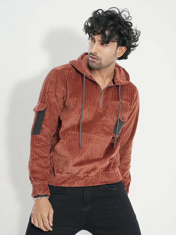 Men's Corduroy Casual Hoodie Jacket in Chinnamon Brown