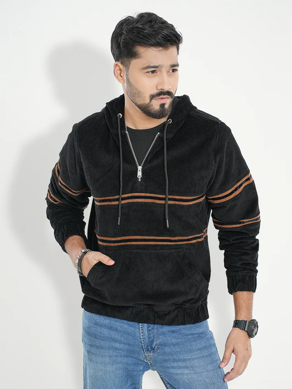 Men's Corduroy Casual Hoodie Jacket in Jet Black