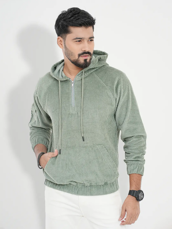 Men's Corduroy Casual Hoodie Jacket in pistachio green