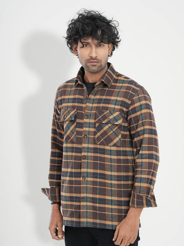 Men's Flannel Check Shacket in Copper Brown