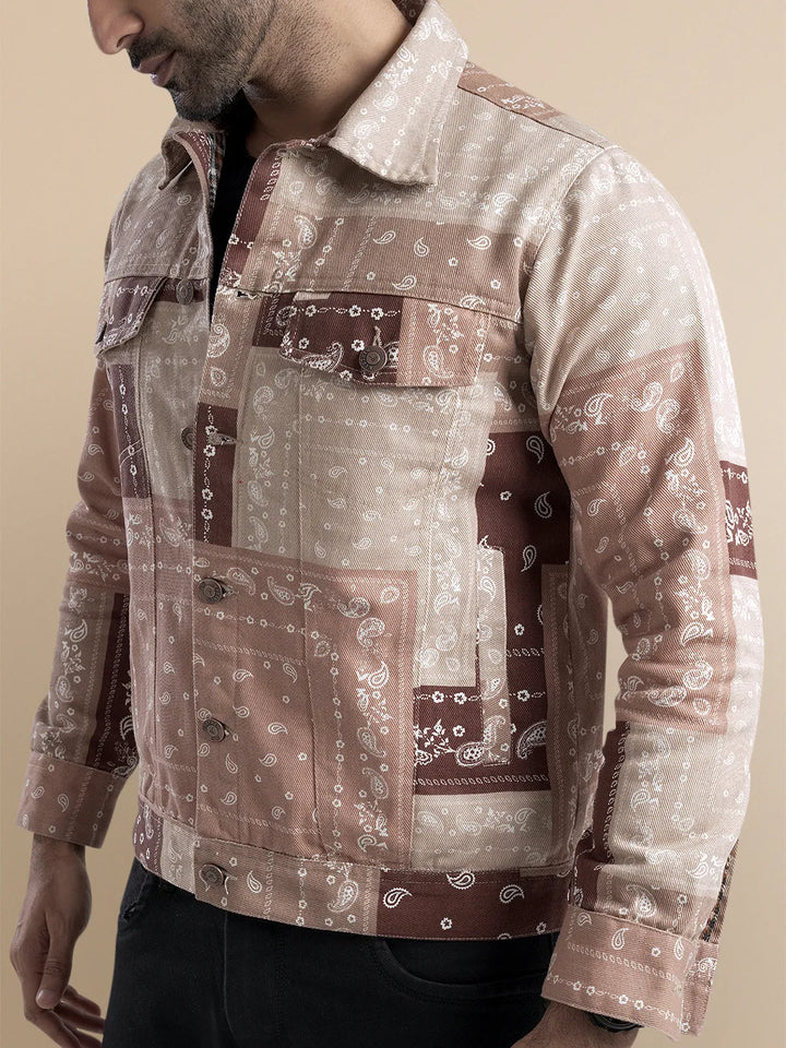 Men's Geomatric Paisley Printed Denim Jacket - KLOTHEN