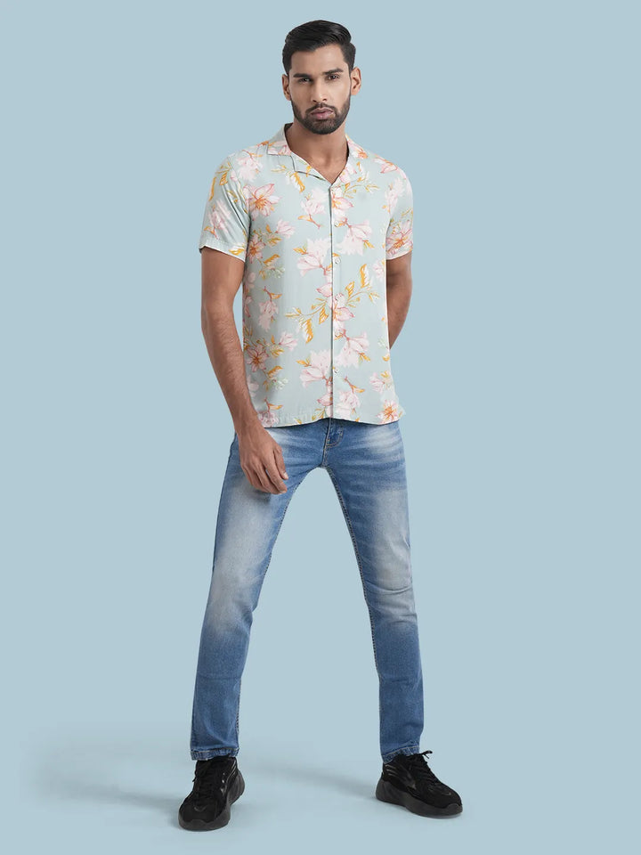 Men's Lapel Collar Casual Half Sleeve Shirt in Multi Print - KLOTHEN
