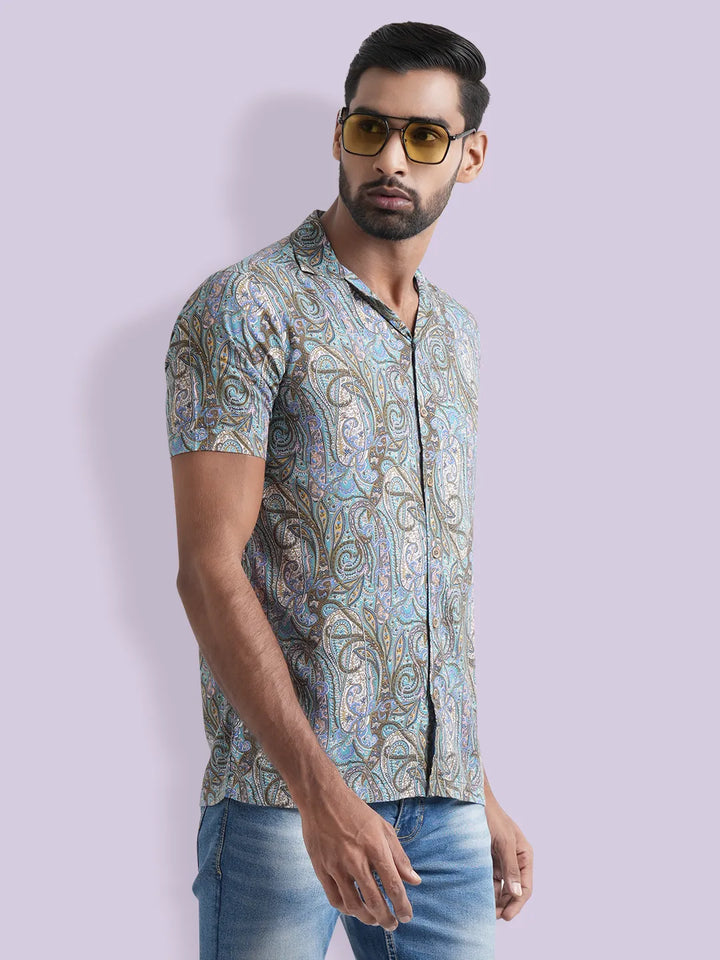 Men's Lapel Collar Casual Half Sleeve Shirt in Multi Print - KLOTHEN