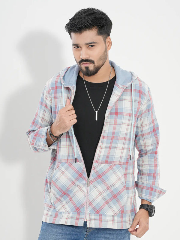 Men's Plaid Check Woven Hoodie With Matellic Zipper