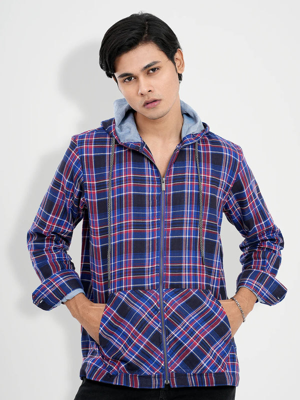 Men's Plaid Check Woven Hoodie in Blue