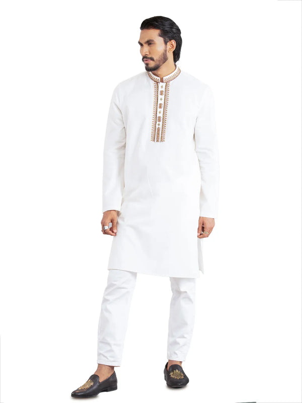 Men's Premium Embroidered White Panjabi