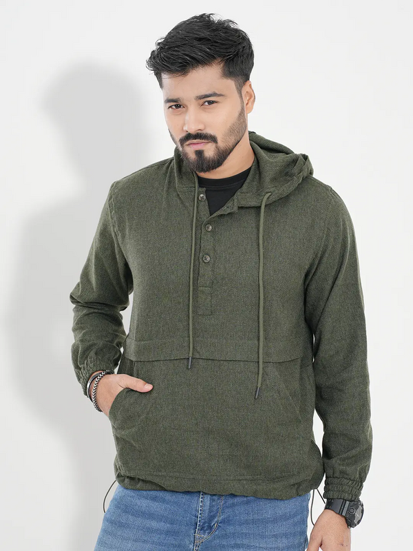 Men's Solid Woven Hoodie With Kangaroo Pocket Single Jacket