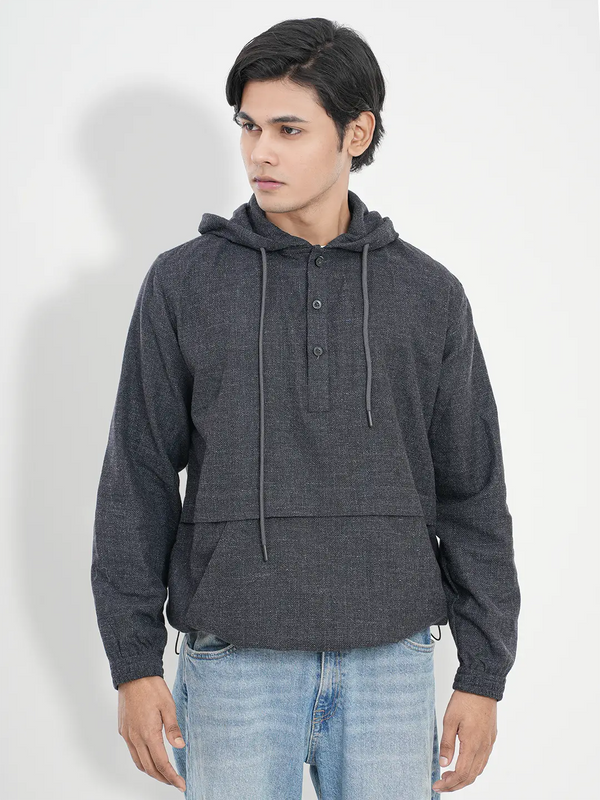 Men's Solid Woven Hoodie With Kangaroo Pocket Single Jacket