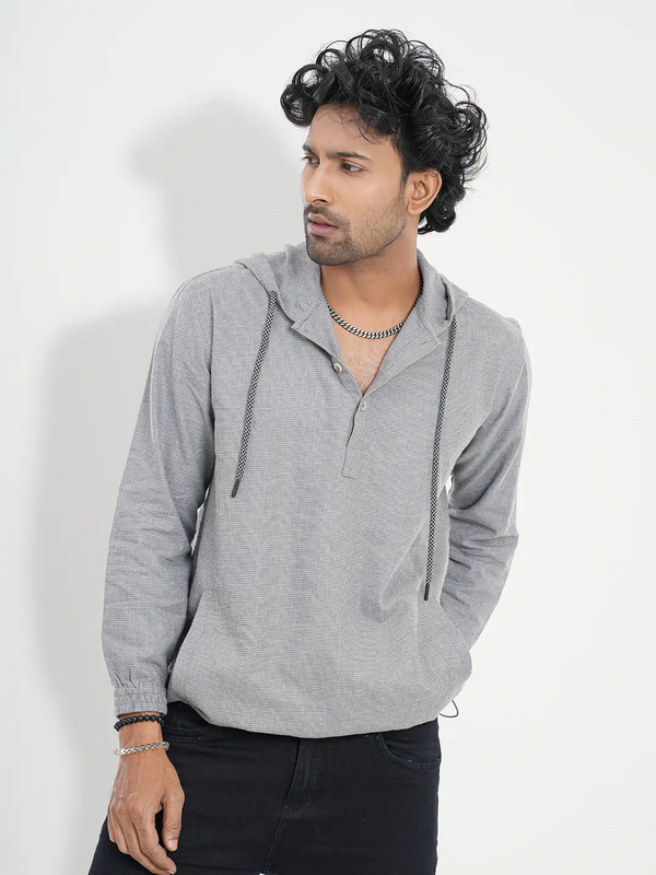 Men's Solid Woven Hoodie With Kangaroo Pocket Single Jacket