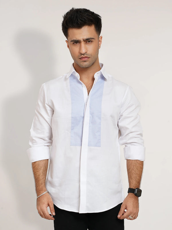Men's white casual Shirt with contrast textured Panel