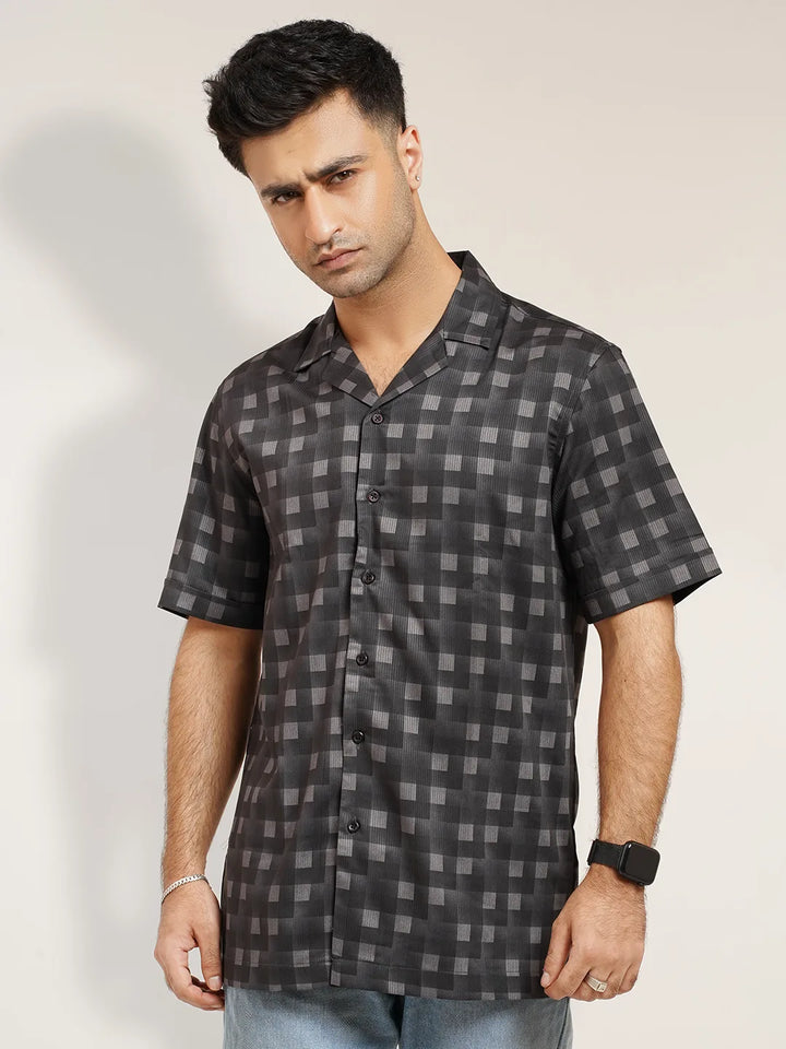 Monochrome Pixel Check Cuban Shirt | Half Sleeve Casual Shirt | KLOTHEN