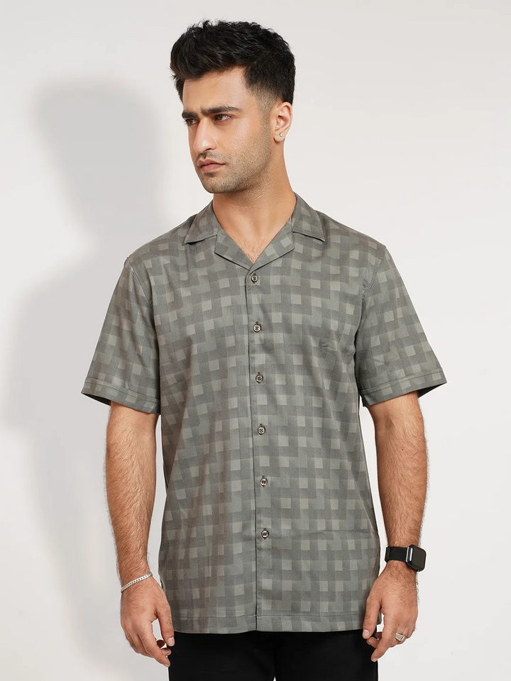 Monochrome Pixel Check Cuban Shirt | Half Sleeve Casual Shirt | KLOTHEN