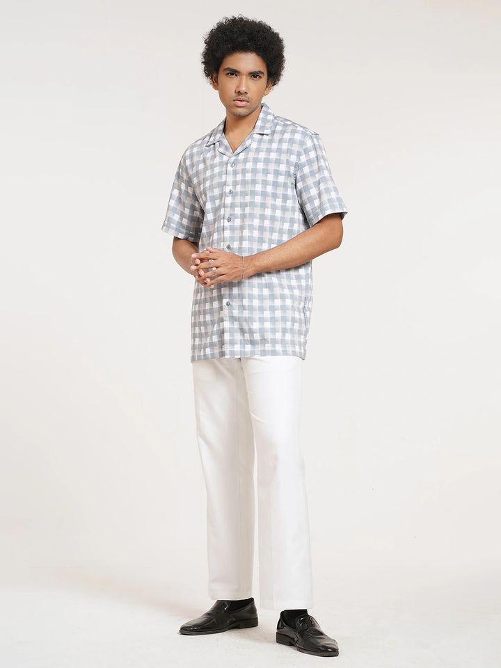 Monochrome Pixel Check Cuban Shirt | Half Sleeve Casual Shirt | KLOTHEN