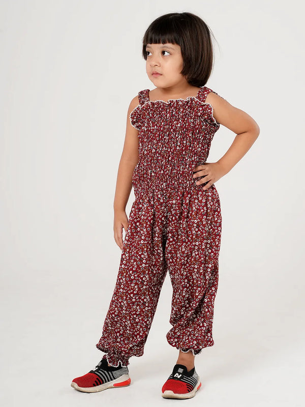 Floral Printed Girls Smocked Jumpsuit