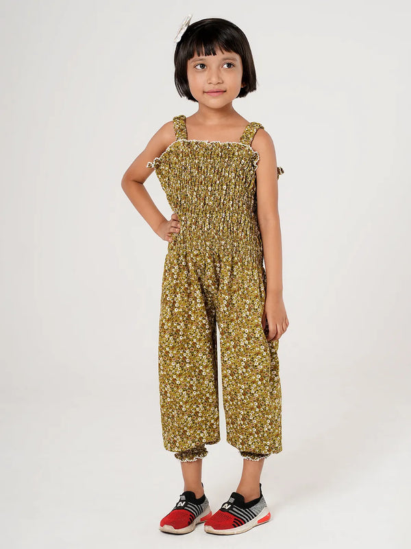 Floral Printed Girls Smocked Jumpsuit