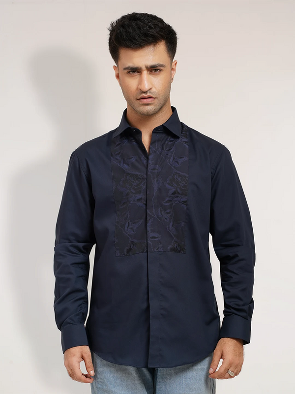 Navy Luxe Jacquard Panel casual Shirt