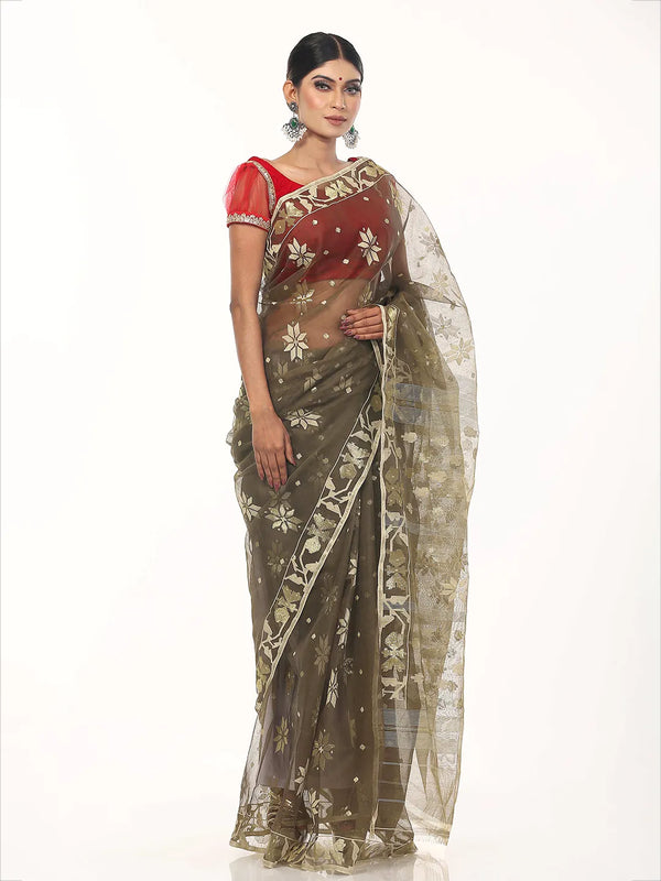 Olive Jamdani Saree | Saree | KLOTHEN
