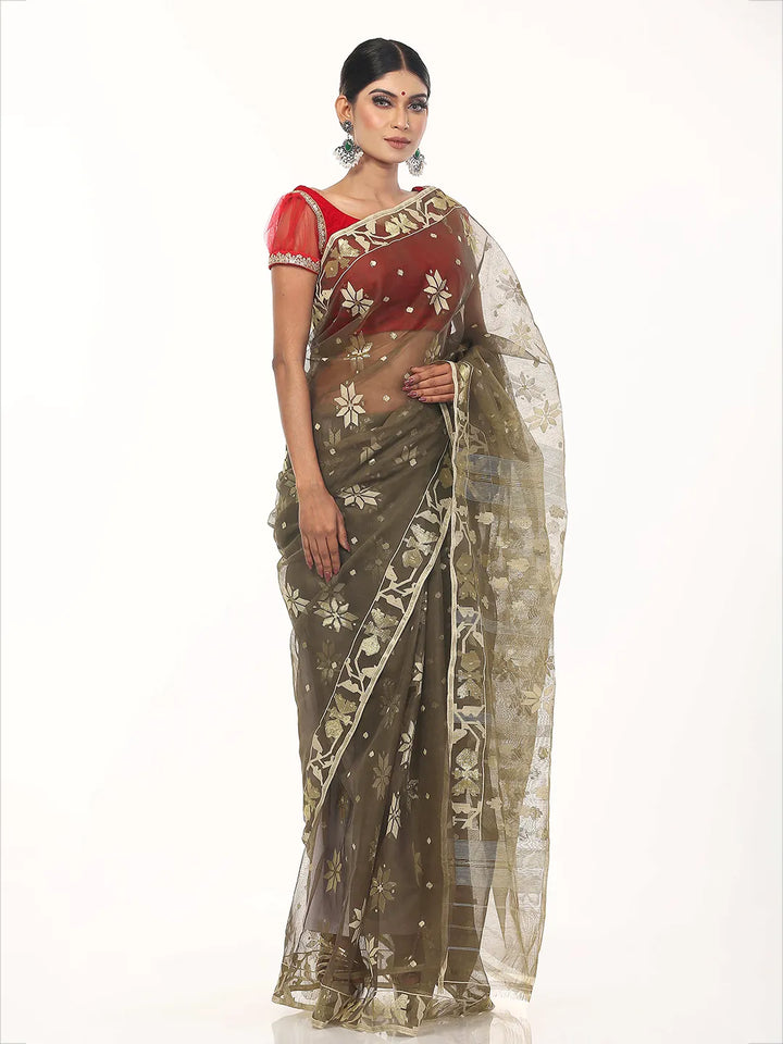 Olive Jamdani Saree | Saree | KLOTHEN