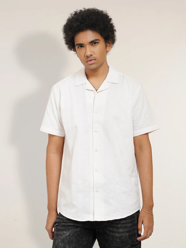 Solid Cuban Collar Short Sleeve White Color Shirt